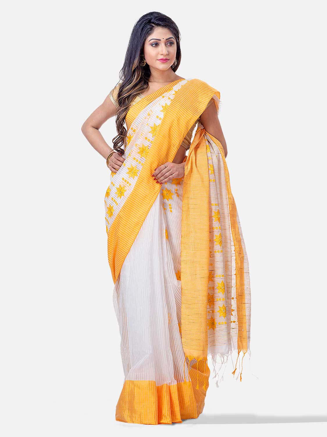  Pure Cotton Handloom Traditional Khadi Bengali Tant Saree Very Soft Cotton Materials Star Design With Blouse Piece (Yellow White)